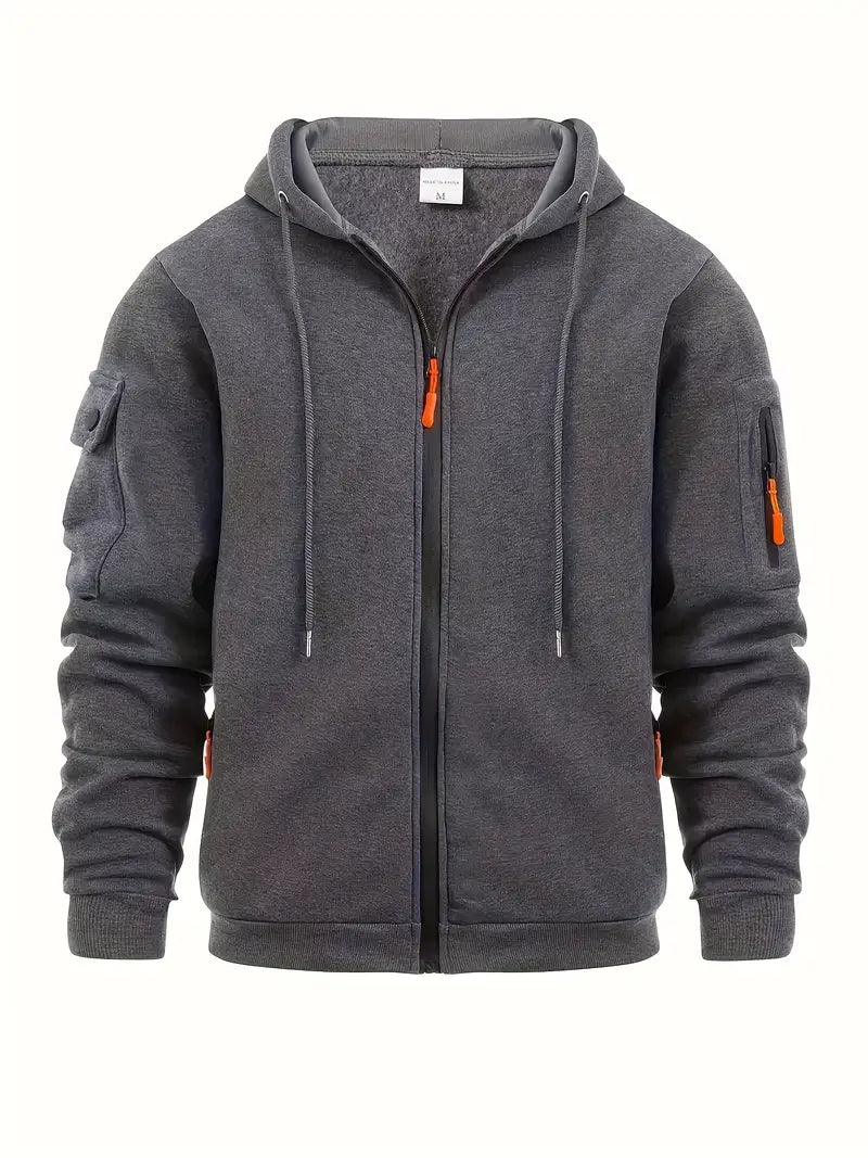 Optimized Product Title: Men's Utility Zip-Up Hoodie with Drawstring Hood & Functional Pockets - Stylish, Versatile Outerwear for Everyday Wear & Outdoor Activities