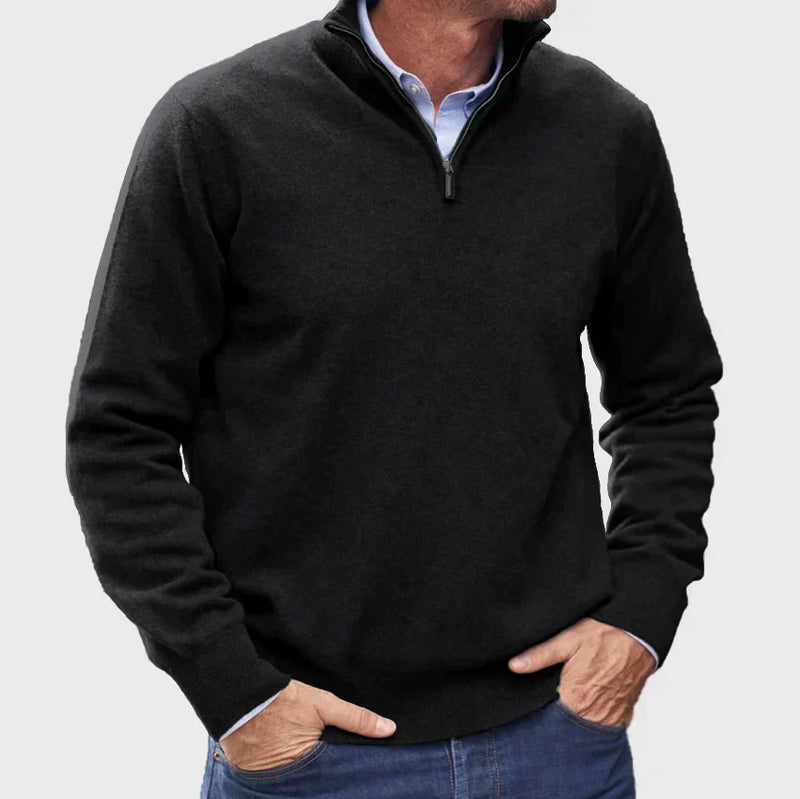 Men's Stylish Half-Zip Knit Jumper with Stand Collar & Ribbed Cuffs - Comfortable Casual Sweater for Everyday Wear