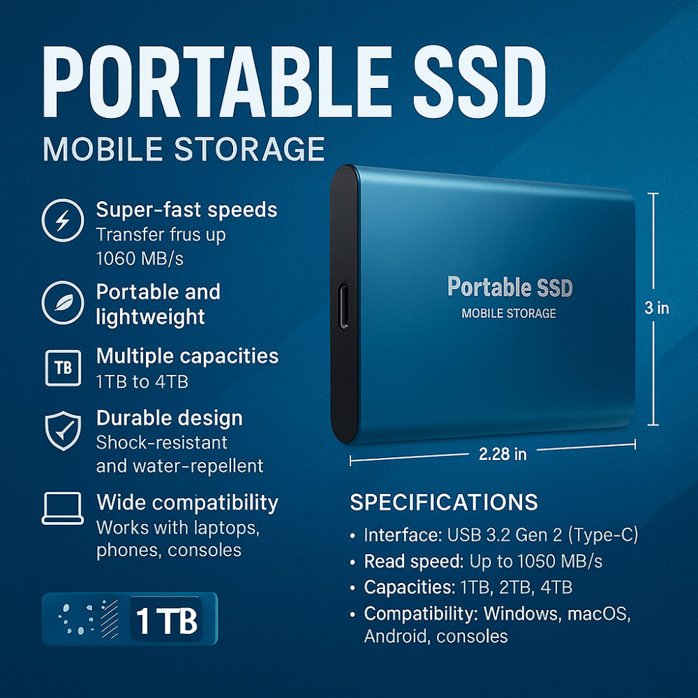 SSD Portable External Drive High Speed USB C Compact Storage