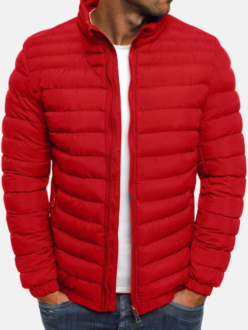 Men's Stylish Puffer Bomber Jacket - Zip Closure, Stand Collar & Cuffs - Warm Winter Outerwear for Men
