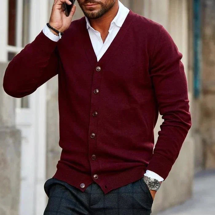 Men's Slim-Fit V-Neck Cardigan - Stylish Button Front Knitwear with Pockets