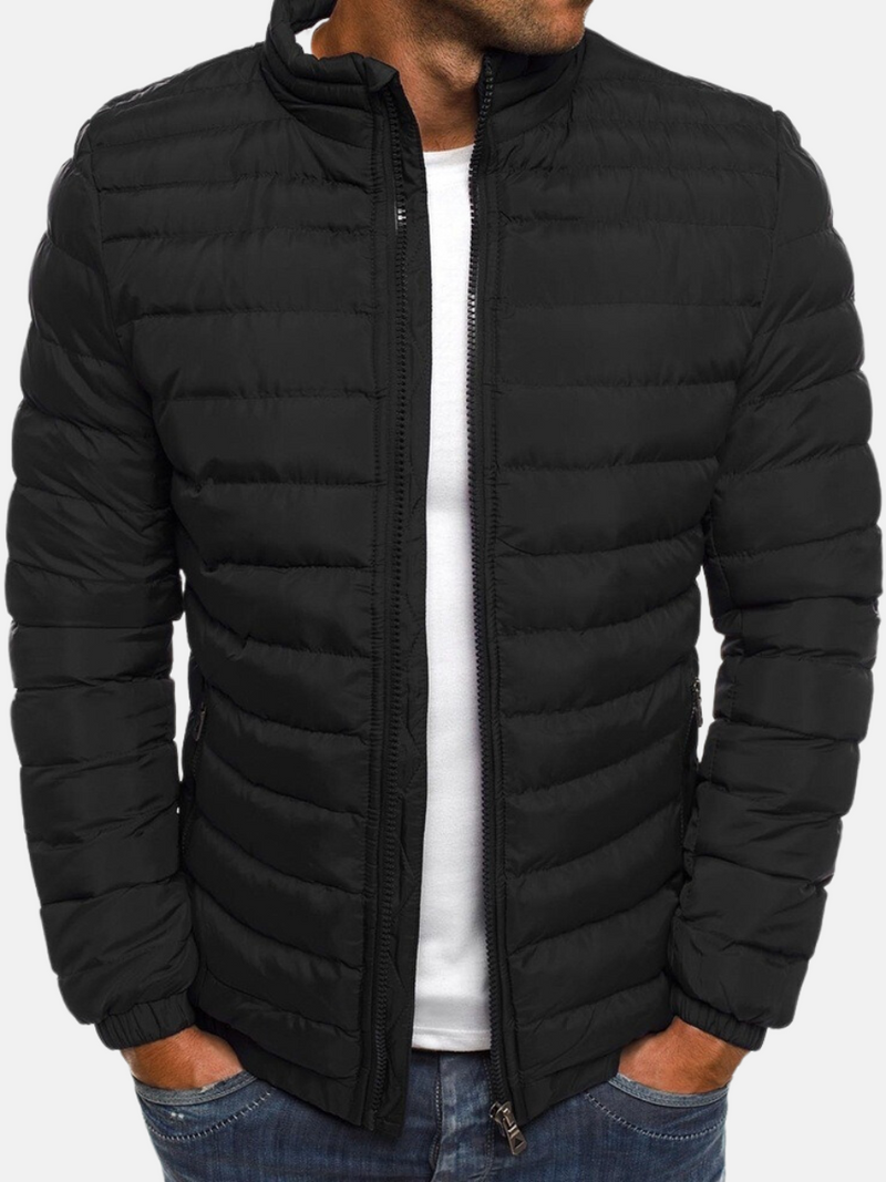 Men's Stylish Puffer Bomber Jacket - Zip Closure, Stand Collar & Cuffs - Warm Winter Outerwear for Men