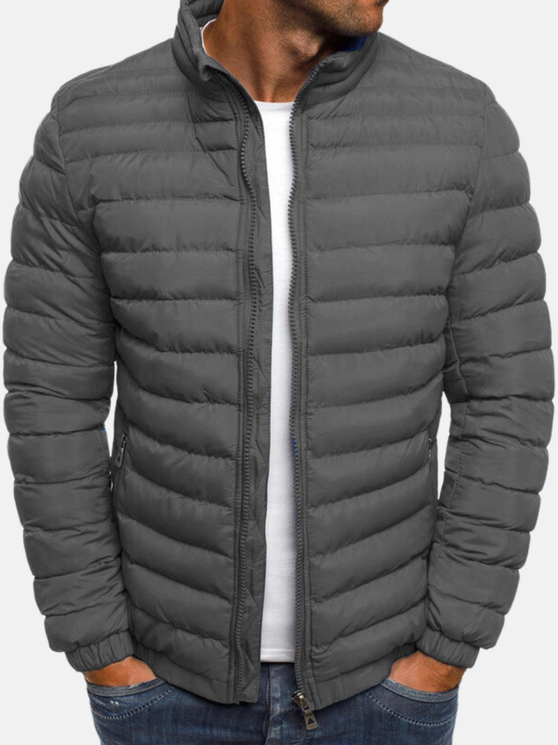 Men's Stylish Puffer Bomber Jacket - Zip Closure, Stand Collar & Cuffs - Warm Winter Outerwear for Men