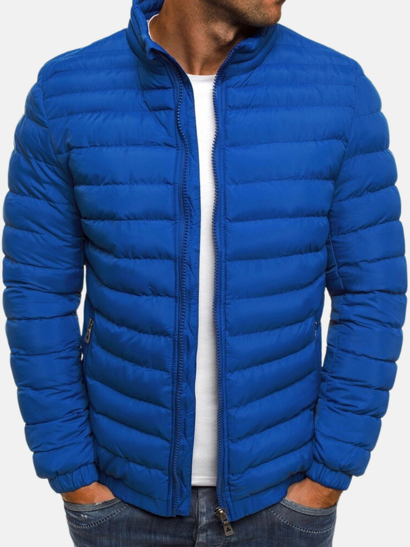 Men's Stylish Puffer Bomber Jacket - Zip Closure, Stand Collar & Cuffs - Warm Winter Outerwear for Men