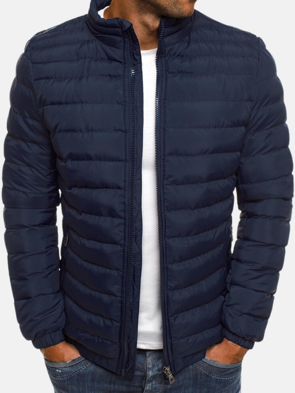 Men's Stylish Puffer Bomber Jacket - Zip Closure, Stand Collar & Cuffs - Warm Winter Outerwear for Men