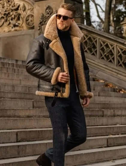 Men's Premium Shearling Sheepskin Aviator Jacket - Classic Flying Style for Ultimate Warmth & Comfort