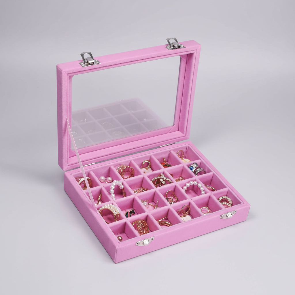 Jewelry Organizer Mothers Day Velvet Storage Box Glass Lid Tray