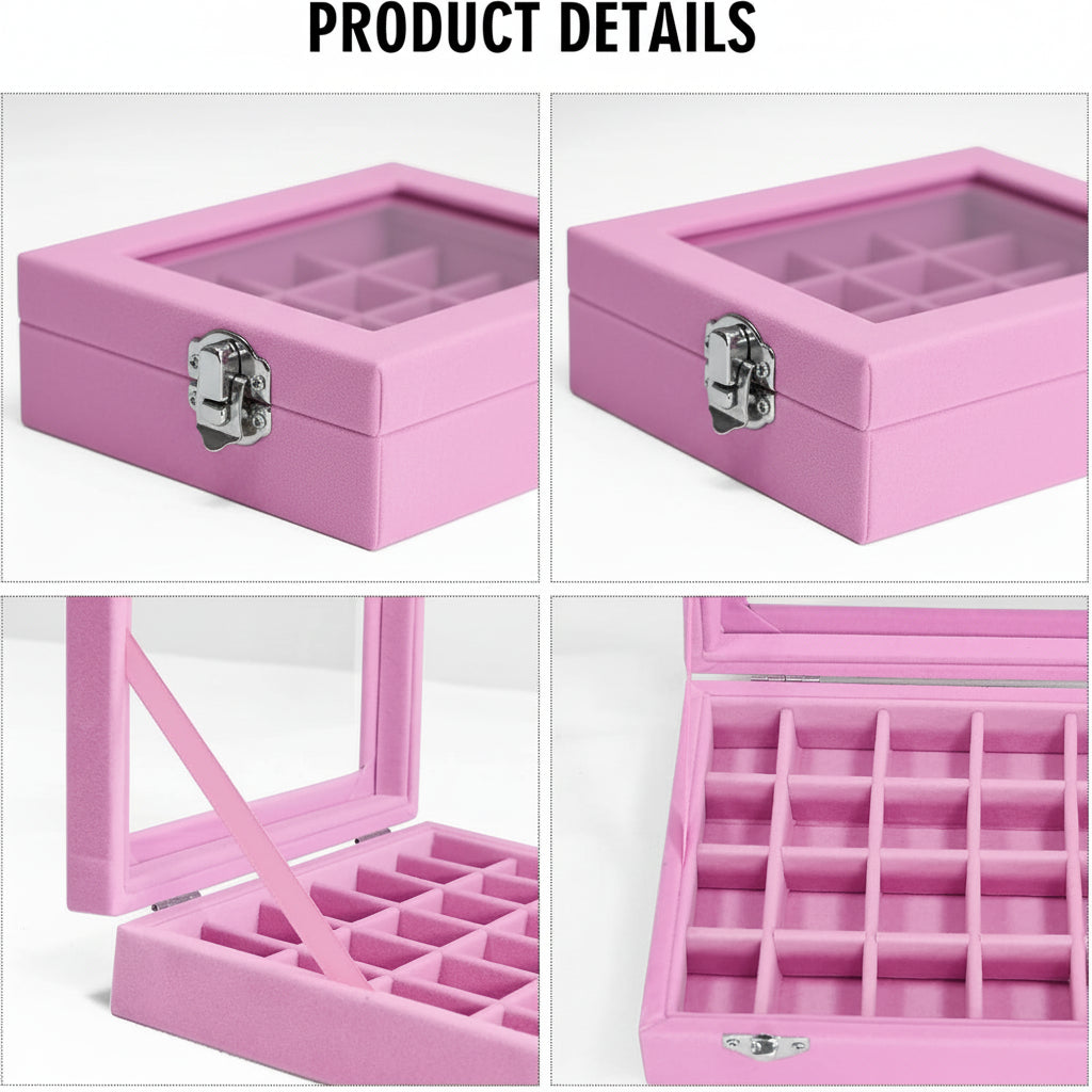 Jewelry Organizer Mothers Day Velvet Storage Box Glass Lid Tray