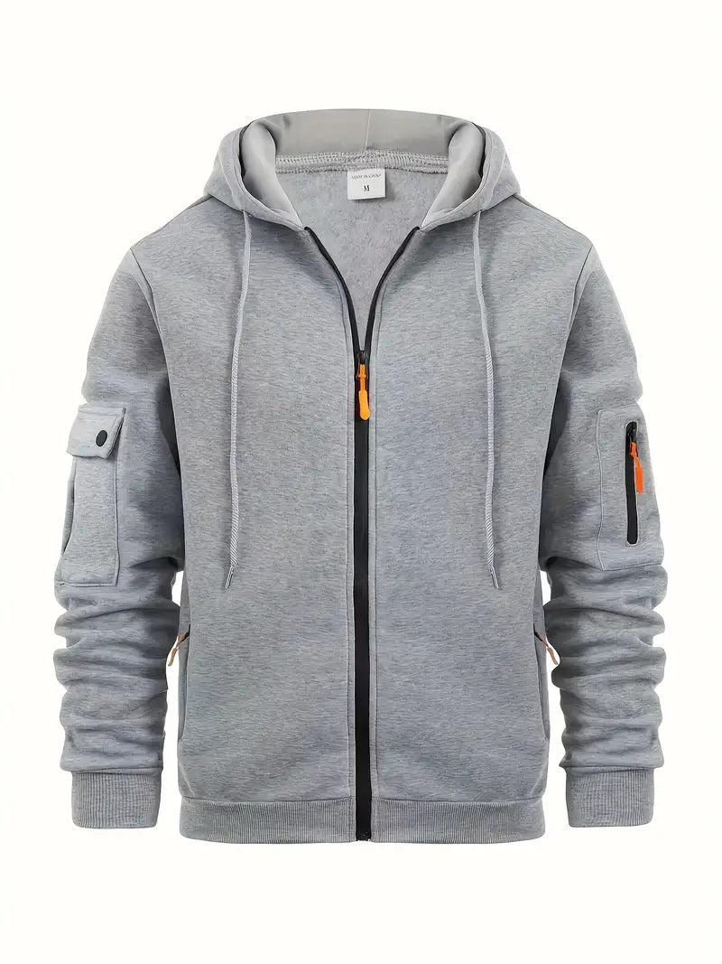 Optimized Product Title: Men's Utility Zip-Up Hoodie with Drawstring Hood & Functional Pockets - Stylish, Versatile Outerwear for Everyday Wear & Outdoor Activities