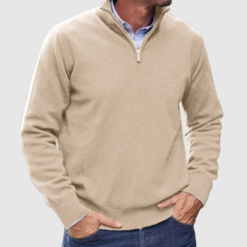 Men's Stylish Half-Zip Knit Jumper with Stand Collar & Ribbed Cuffs - Comfortable Casual Sweater for Everyday Wear