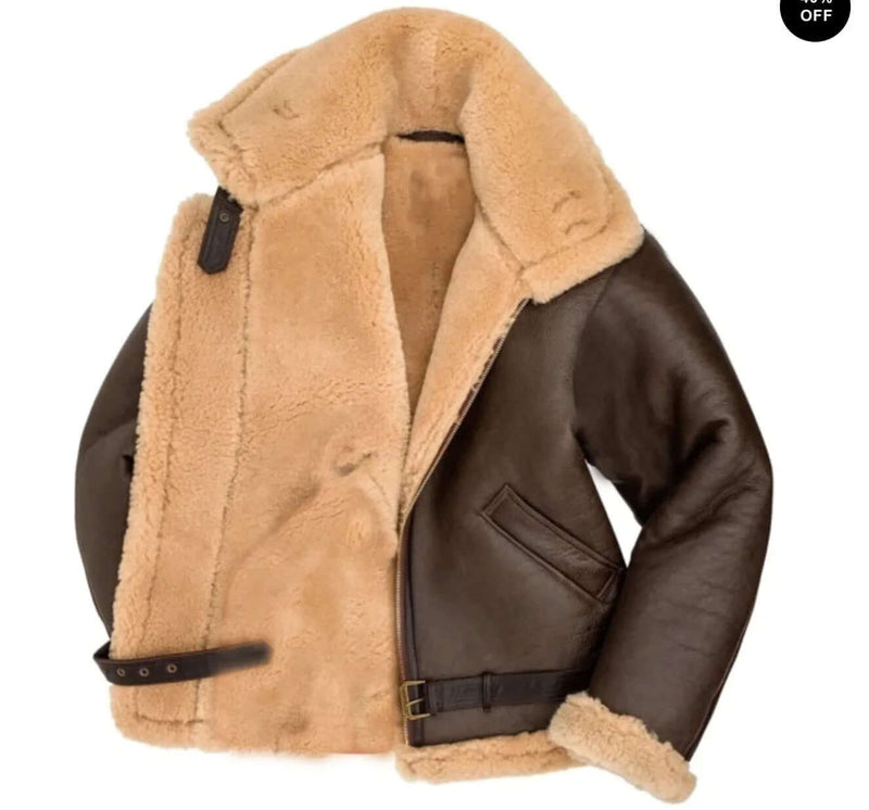 Men's Premium Shearling Sheepskin Flying Jacket - Classic Aviator Style for Ultimate Warmth & Comfort