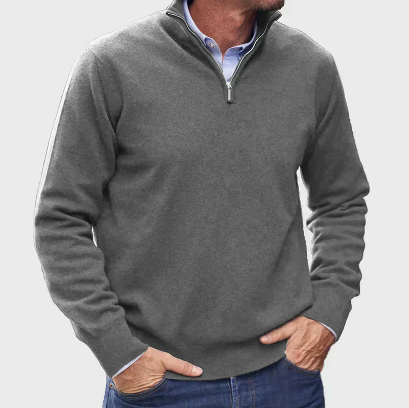 Men's Stylish Half-Zip Knit Jumper with Stand Collar & Ribbed Cuffs - Comfortable Casual Sweater for Everyday Wear