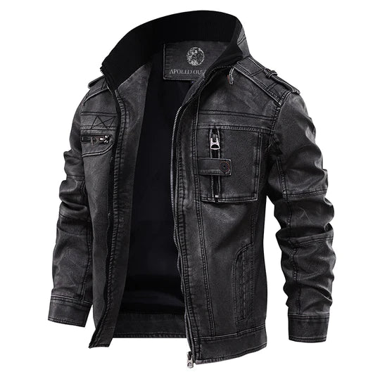 Men's Premium Leather Jacket with Stand Collar & Zippered Chest Pocket - Stylish, Durable Outerwear for Everyday Wear & Biker Fashion