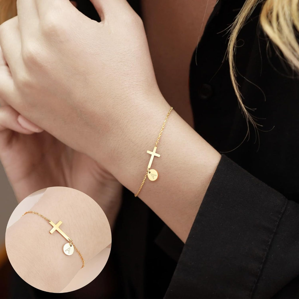 Bracelet Mothers Day Cross Initial Adjustable Chain Jewelry Gift