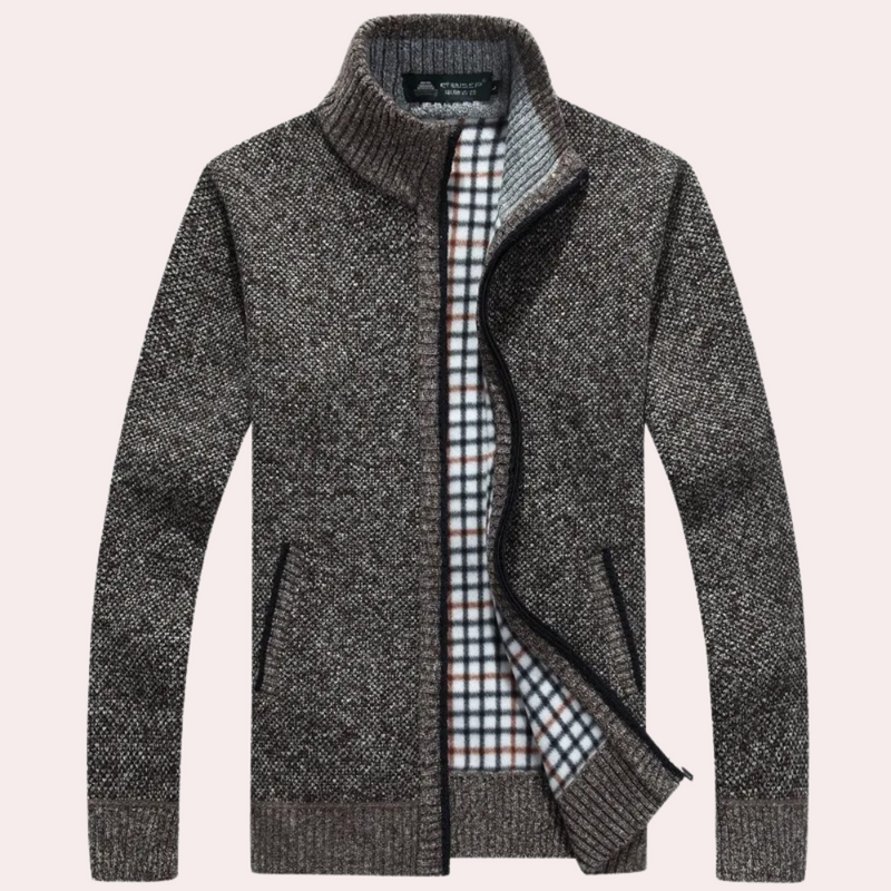 Men's Stylish Plaid Lined Knitted Zip-Up Cardigan with Mock Neck - Cozy Fashion Outerwear for Every Occasion
