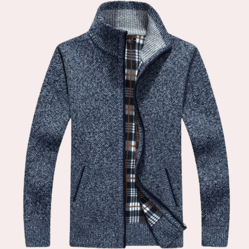 Men's Stylish Plaid Lined Knitted Zip-Up Cardigan with Mock Neck - Cozy Fashion Outerwear for Every Occasion