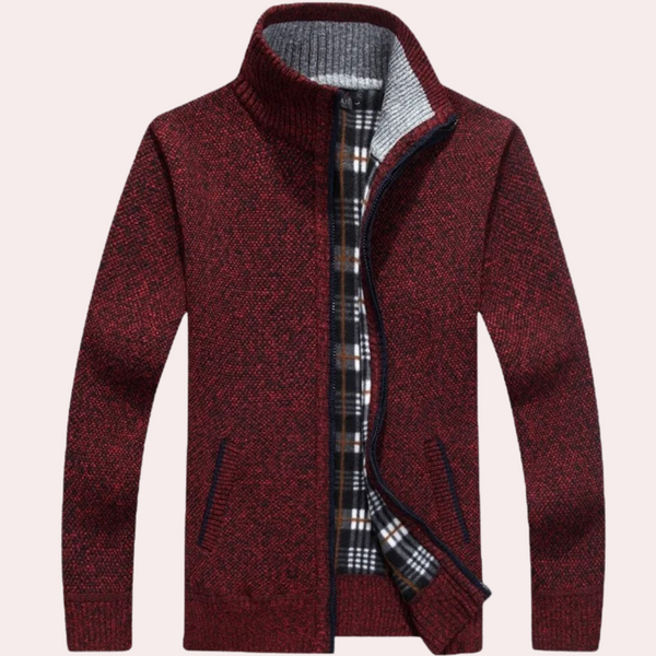 Men's Stylish Plaid Lined Knitted Zip-Up Cardigan with Mock Neck - Cozy Fashion Outerwear for Every Occasion