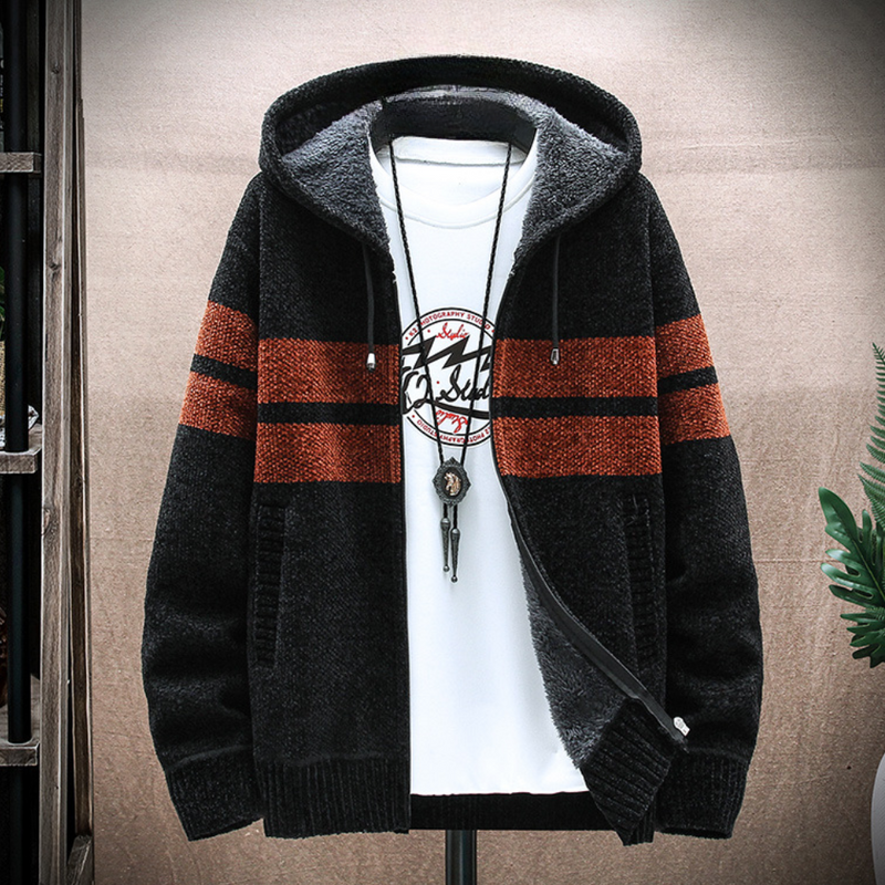 Men's Cozy Striped Fleece-Lined Zip Hoodie with Adjustable Drawstring Hood – Stylish Fall/Winter Outerwear for Ultimate Comfort