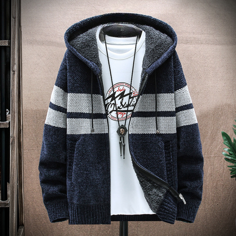 Men's Cozy Striped Fleece-Lined Zip Hoodie with Adjustable Drawstring Hood – Stylish Fall/Winter Outerwear for Ultimate Comfort