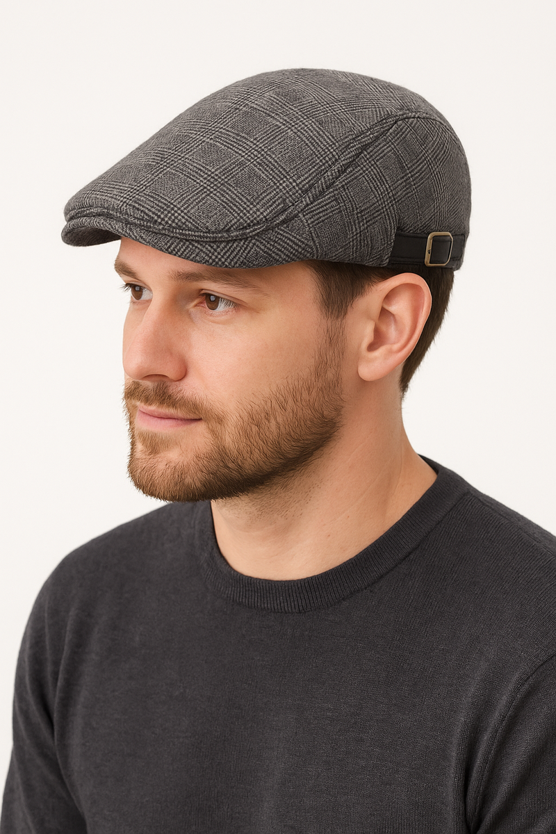 Men's Gray Checkered European Style Beret – With Adjustable Buckle