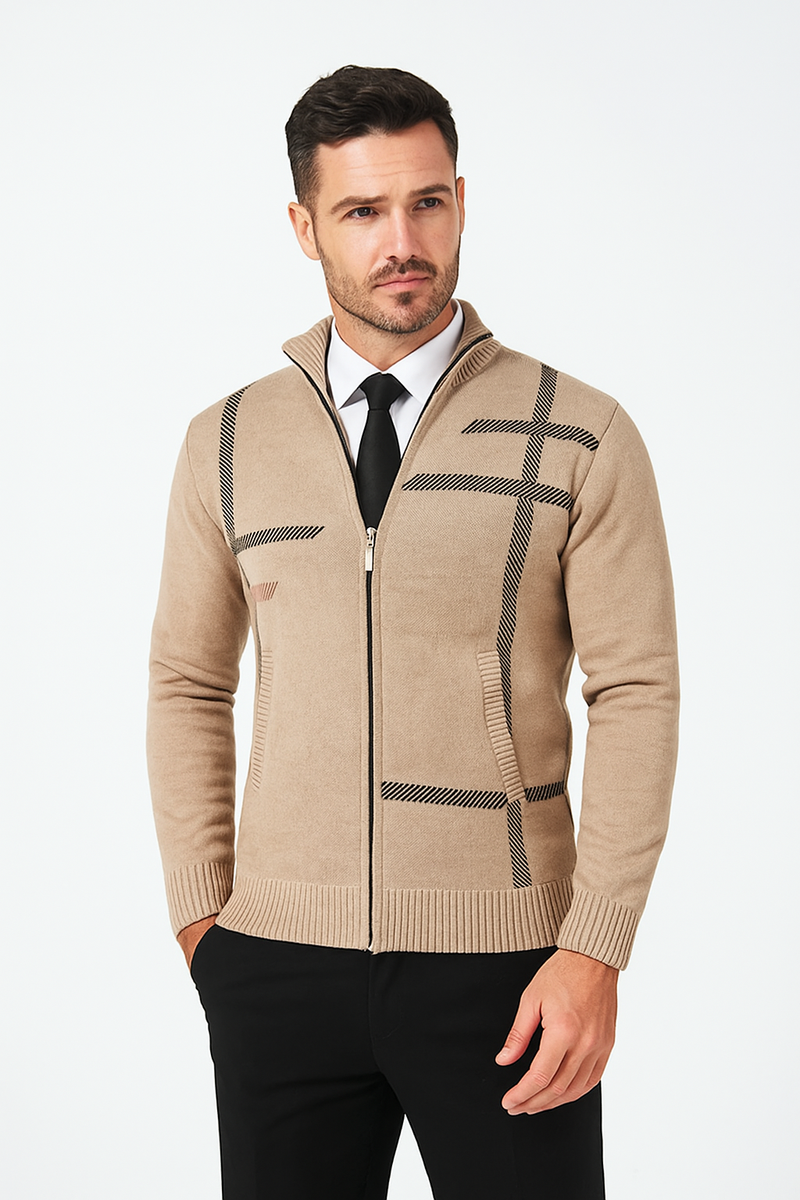 Men's Beige Sweater with Zipper and Geometric Print