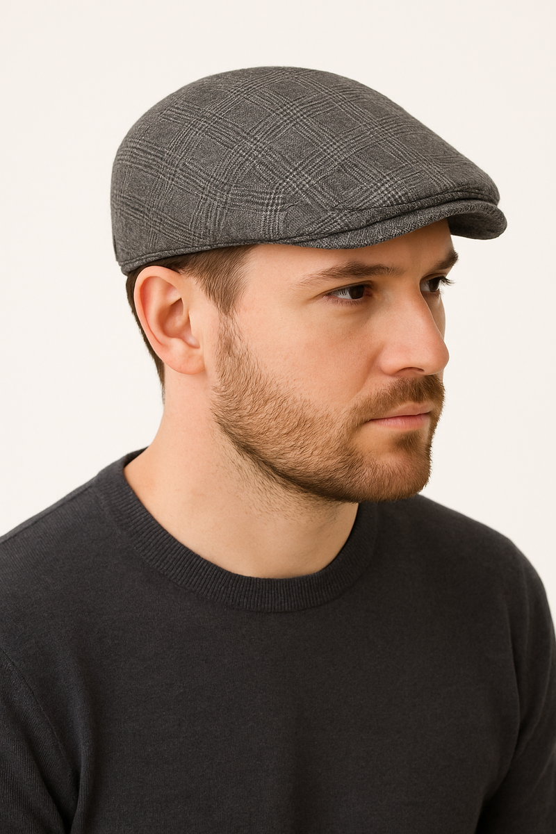 Men's Gray Checkered European Style Beret – With Adjustable Buckle