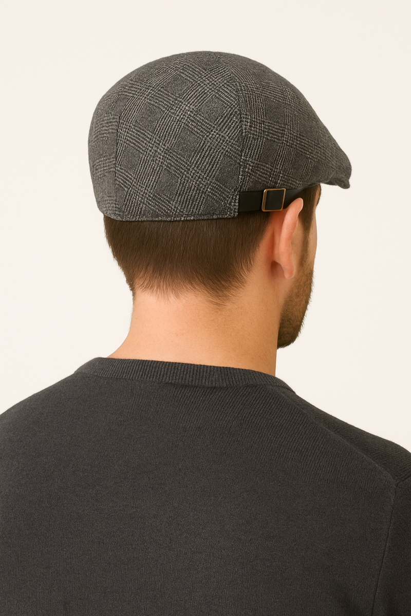 Men's Gray Checkered European Style Beret – With Adjustable Buckle