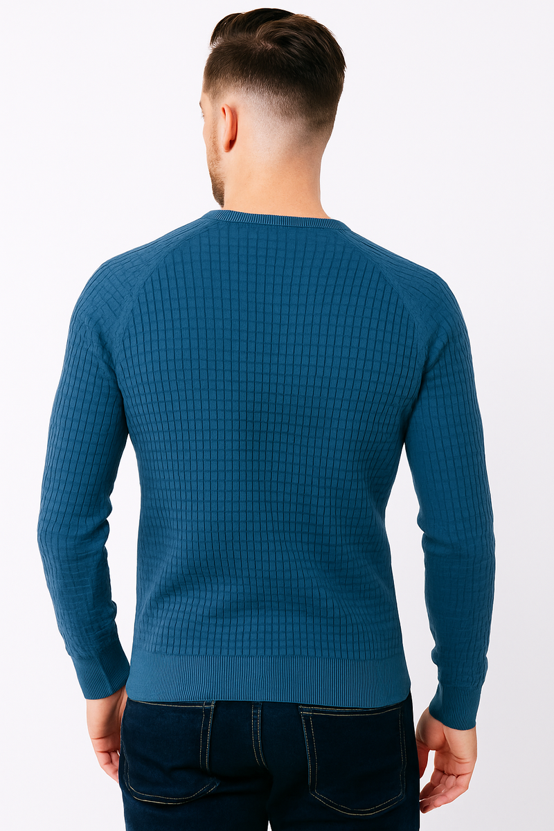 Men's Blue Textured Waffle Knit Sweater