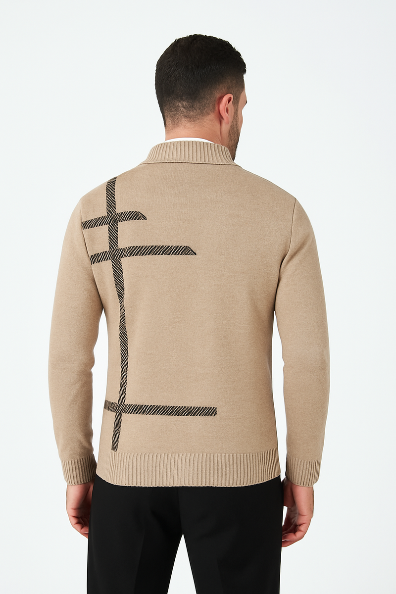 Men's Beige Sweater with Zipper and Geometric Print