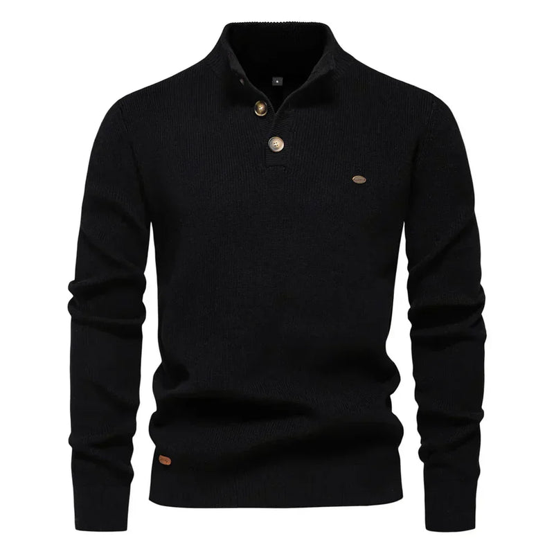 Men's Tailored Fit Knitted Sweater with Stand Collar - Stylish Button-Up Jumper for Casual & Smart Wear