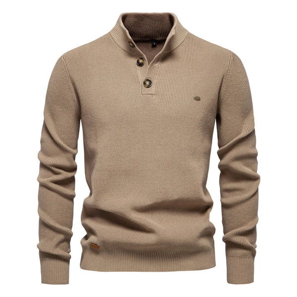 Men's Tailored Fit Knitted Sweater with Stand Collar - Stylish Button-Up Jumper for Casual & Smart Wear