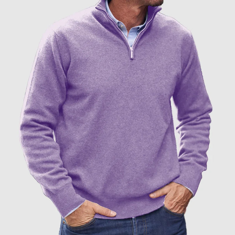 Men's Stylish Half-Zip Knit Jumper with Stand Collar & Ribbed Cuffs - Comfortable Casual Sweater for Everyday Wear