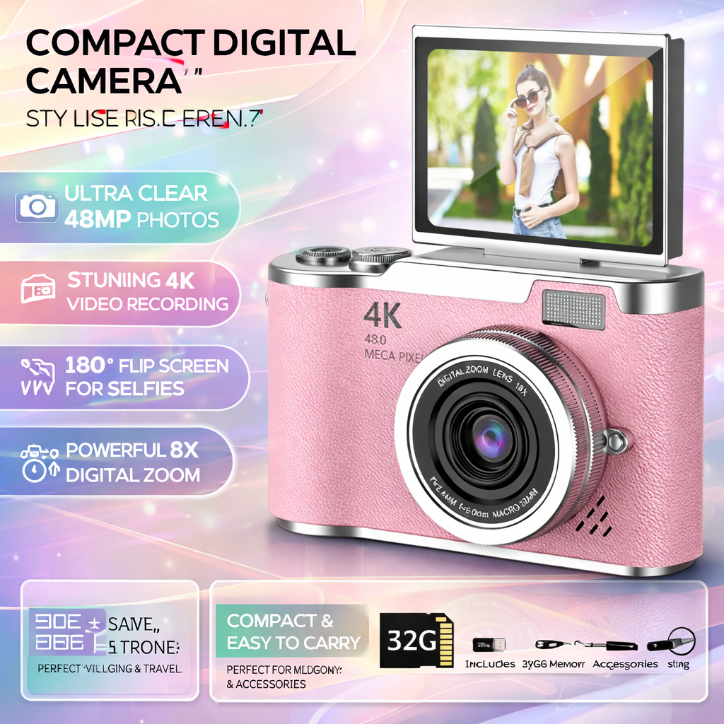 Digital Camera 4K Flip Screen 48MP 8X Zoom Compact Photo Video