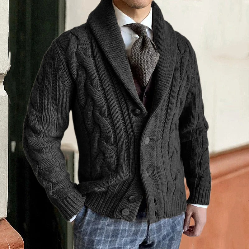 Men's Shawl Collar Cable-Knit Cardigan - Cozy Button-Up Knitwear for Fall/Winter Fashion