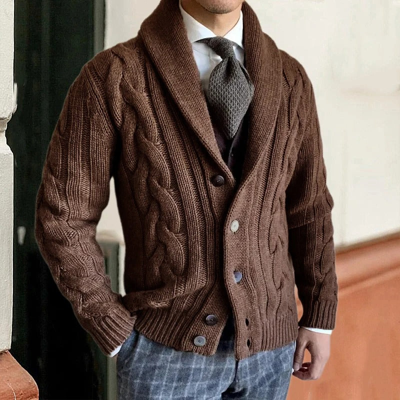 Men's Shawl Collar Cable-Knit Cardigan - Cozy Button-Up Knitwear for Fall/Winter Fashion