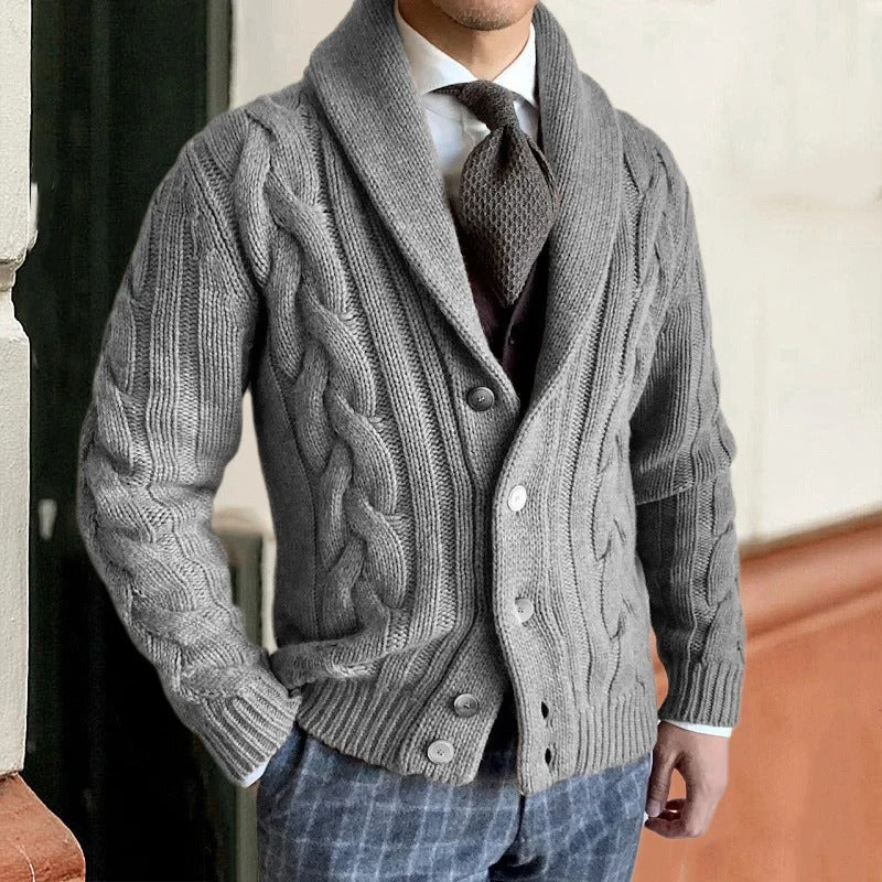Men's Shawl Collar Cable-Knit Cardigan - Cozy Button-Up Knitwear for Fall/Winter Fashion
