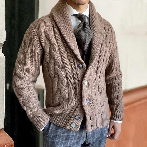 Men's Shawl Collar Cable-Knit Cardigan - Cozy Button-Up Knitwear for Fall/Winter Fashion