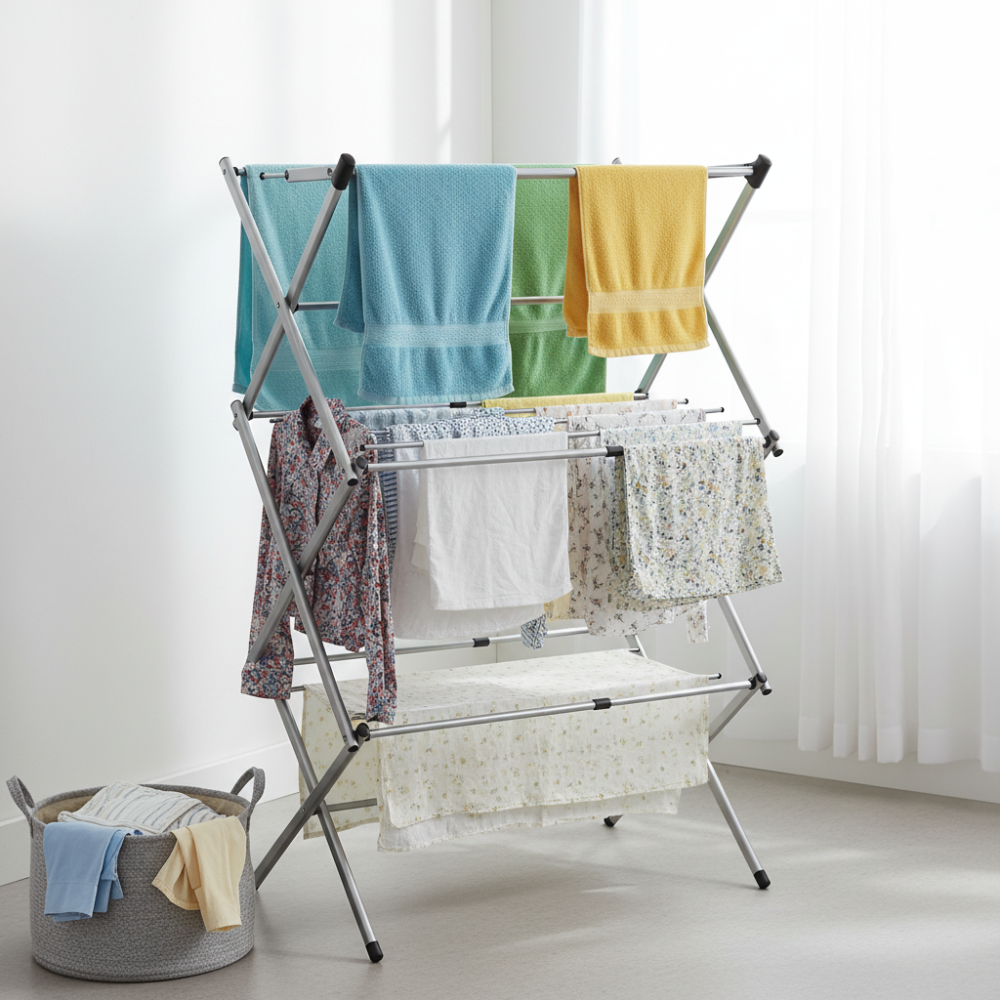 Foldable Laundry Rack Clothes Drying Chrome Metal Design