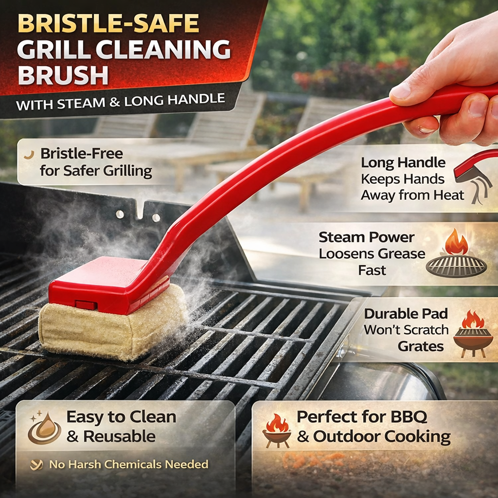 Grill Cleaning Brush Steam Scrub Pad Long Handle BBQ Cleaner