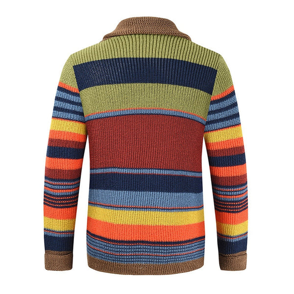 Men's Vintage-Inspired Retro Striped Knit Cardigan - Cozy Shawl Collar, Button Front Design, Perfect for Classic Style