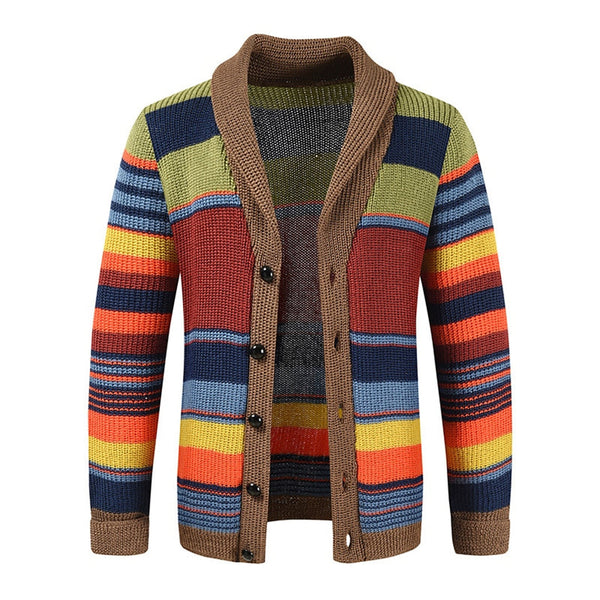 Men's Vintage-Inspired Retro Striped Knit Cardigan - Cozy Shawl Collar, Button Front Design, Perfect for Classic Style
