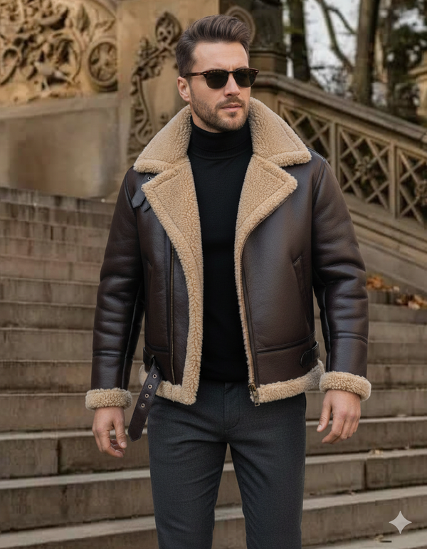 Men's Premium Shearling Sheepskin Flying Jacket - Classic Aviator Style for Ultimate Warmth & Comfort