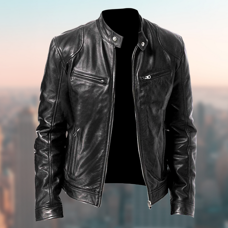 Men's Premium Sleek Leather Jacket - Zip Closure, Stand Collar, Stylish & Durable - Perfect for All Seasons