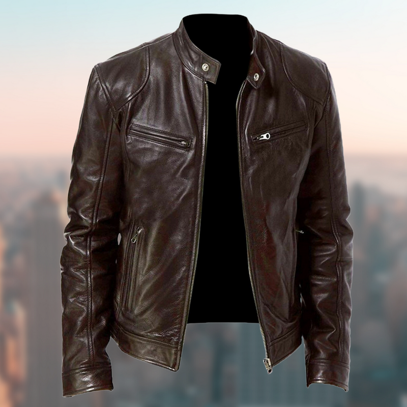 Men's Premium Sleek Leather Jacket - Zip Closure, Stand Collar, Stylish & Durable - Perfect for All Seasons