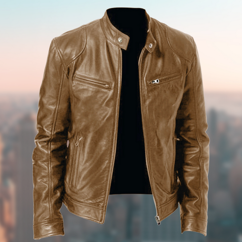 Men's Premium Sleek Leather Jacket - Zip Closure, Stand Collar, Stylish & Durable - Perfect for All Seasons