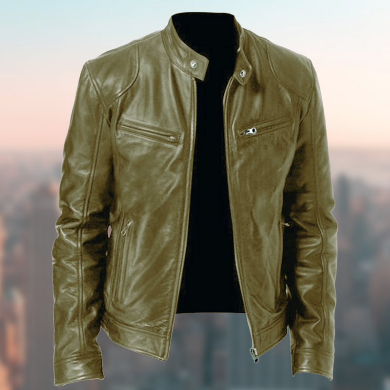 Men's Premium Sleek Leather Jacket - Zip Closure, Stand Collar, Stylish & Durable - Perfect for All Seasons