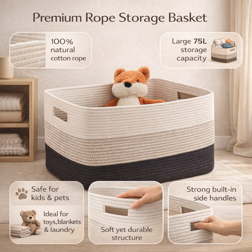 Laundry Basket Large Rope Rectangular Storage Handles
