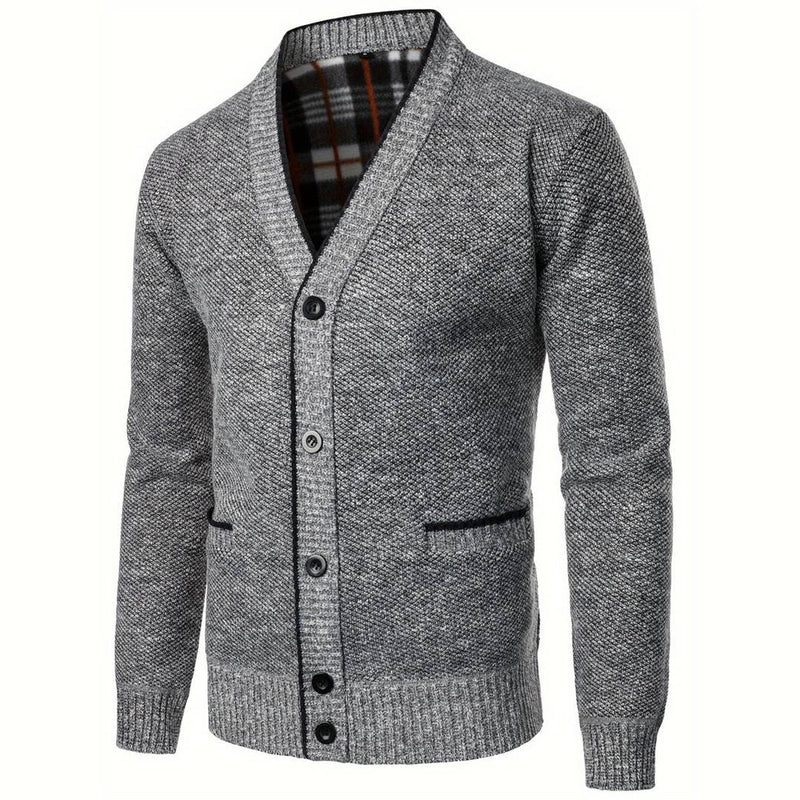 Men's Stylish V-Neck Button Cardigan with Plaid Lining & Side Pockets - Comfortable Knitwear for Every Occasion