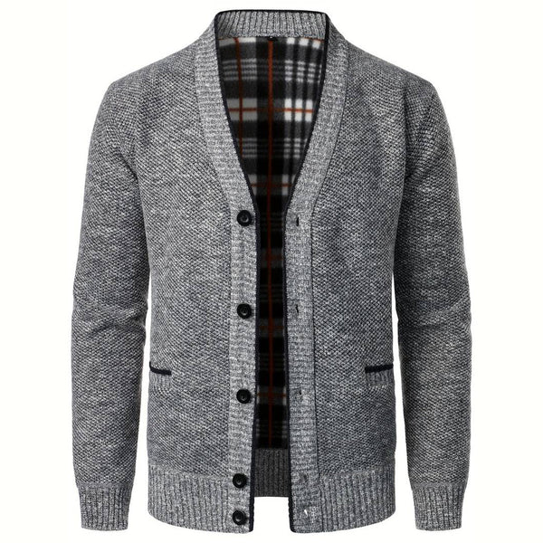 Men's Stylish V-Neck Button Cardigan with Plaid Lining & Side Pockets - Comfortable Knitwear for Every Occasion