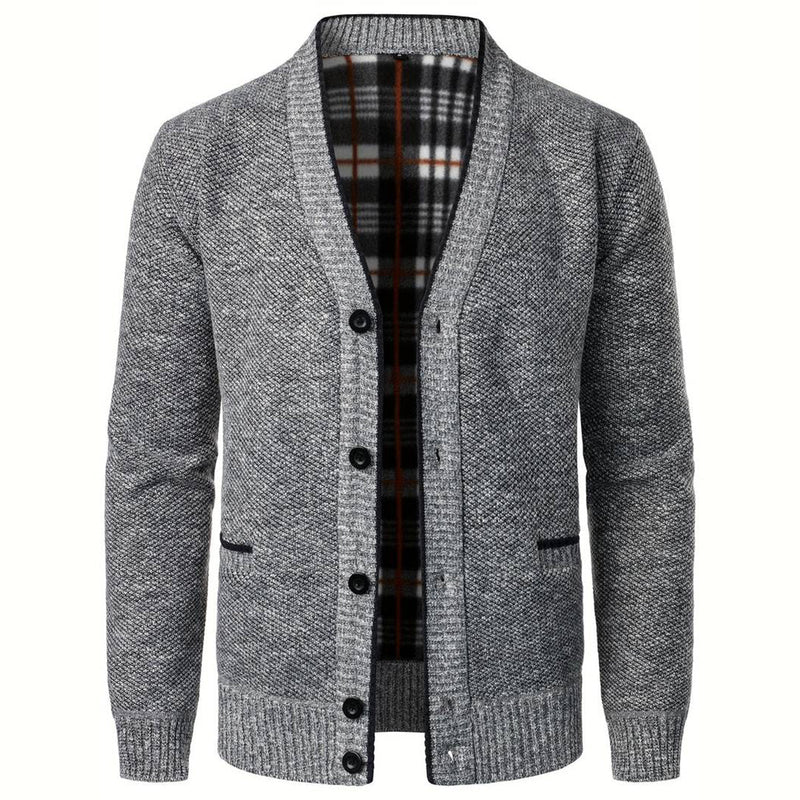 Men's Stylish V-Neck Button Cardigan with Plaid Lining & Side Pockets - Comfortable Knitwear for Every Occasion